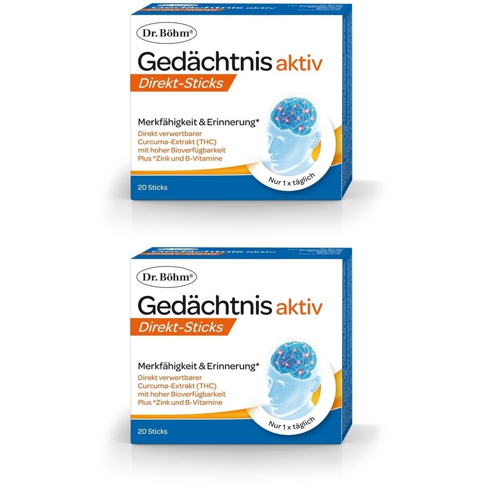 Zwei Packungen Dr. Böhm Gedächtnis aktiv Direkt-Sticks. Blaue Verpackung mit Produktnamen und Illustration eines Gehirns.