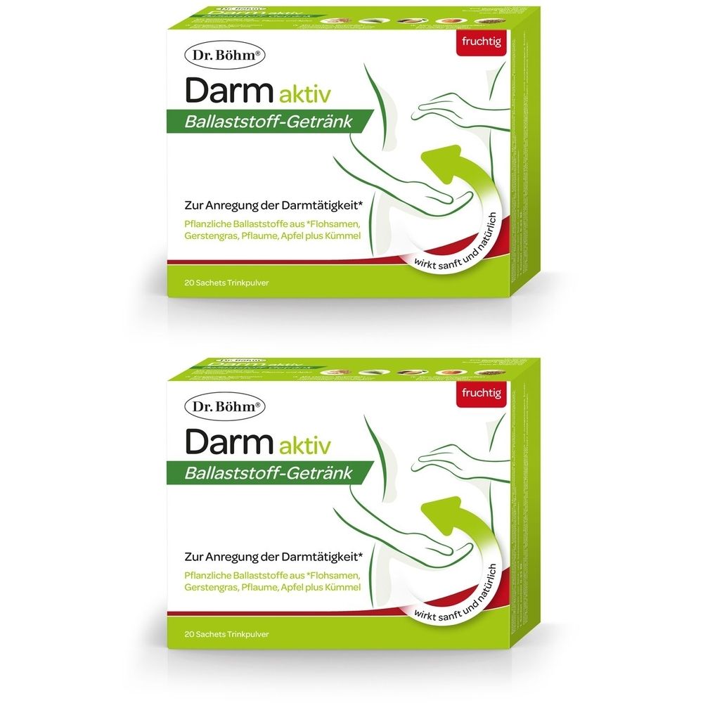 Zwei Schachteln Dr. Böhm Darm aktiv. Aufschrift: Darm aktiv Ballaststoff-Getränk. Grün-weiße Verpackung mit Illustration und Text.