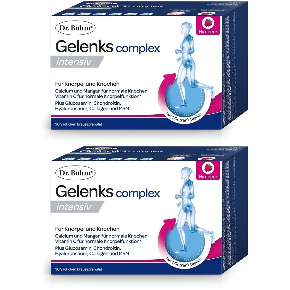 Zwei Schachteln Dr. Böhm Gelenks complex intensiv. Aufdruck: Für Knorpel und Knochen, Himbeer-Geschmack. Abbildung einer Person beim Joggen.