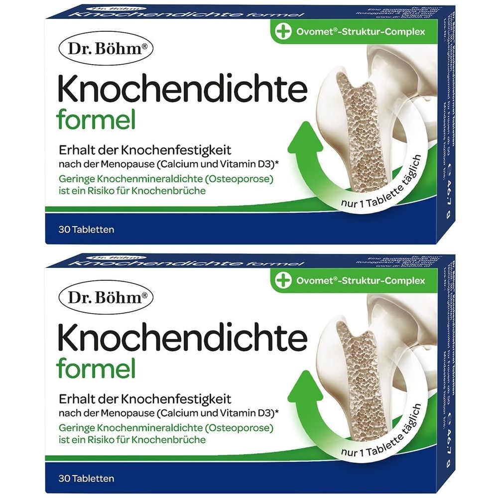 Zwei Schachteln Dr. Böhm Knochendichteformel. Aufschrift: Erhalt der Knochenfestigkeit. 30 Tabletten. Ovomet-Struktur-Complex. Nur 1 Tablette täglich.