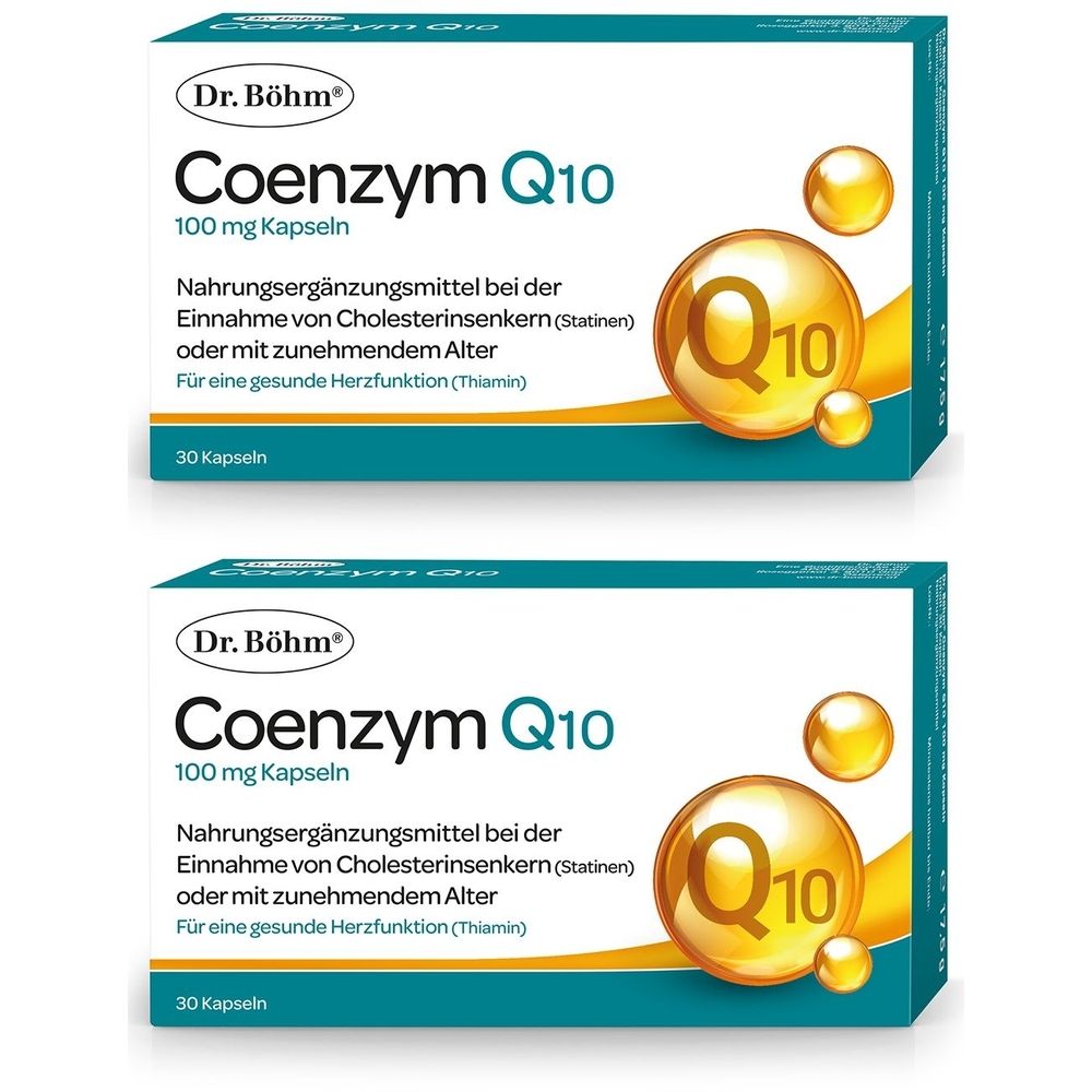 Zwei Schachteln Dr. Böhm Coenzym Q10. Aufschrift: 100 mg Kapseln. Nahrungsergänzungsmittel. 30 Kapseln. Abbildung von Q10-Kapseln.