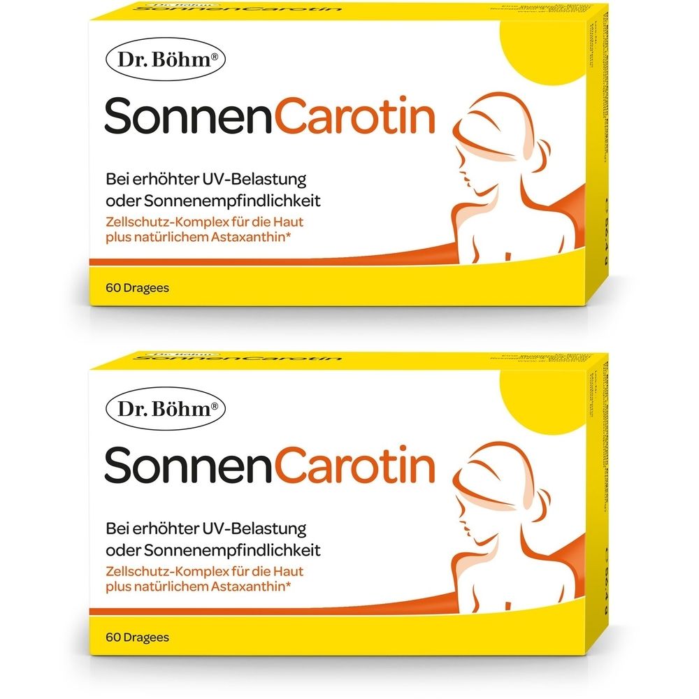 Zwei gelbe Schachteln mit "Dr. Böhm SonnenCarotin" Aufschrift. Enthält 60 Dragees. Abbildung einer Frau auf der Verpackung.
