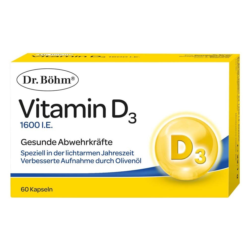 Gelbe Verpackung mit "Dr. Böhm Vitamin D3 1600 I.E.". Enthält 60 Kapseln. Gelbes D3-Symbol.