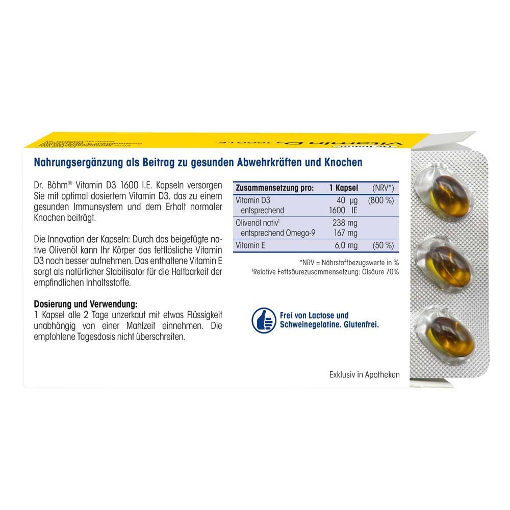Verpackung mit Kapseln. Tabelle mit Inhaltsstoffen: Vitamin D3, Olivenöl, Vitamin E. Text über Dosierung und Anwendung.