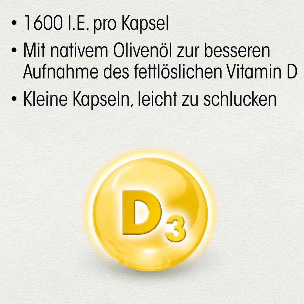 Text: 1600 I.E. pro Kapsel. Mit nativem Olivenöl. Kleine Kapseln, leicht zu schlucken. Gelbes D3-Symbol.