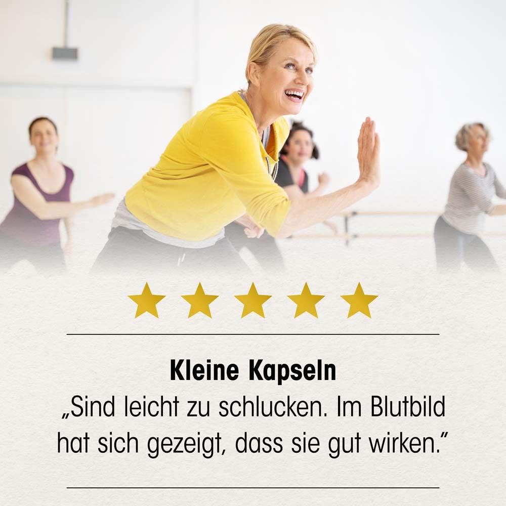 Frauen beim Training. Text: Kleine Kapseln, leicht zu schlucken. Im Blutbild hat sich gezeigt, dass sie gut wirken.