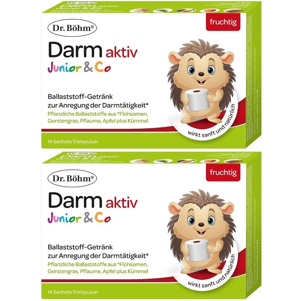 Zwei grüne Kartons mit "Dr. Böhm Darm aktiv Junior & Co". Aufdruck: ein Igel mit Toilettenpapier. Text: Ballaststoff-Getränk, 14 Sachets Trinkpulver.
