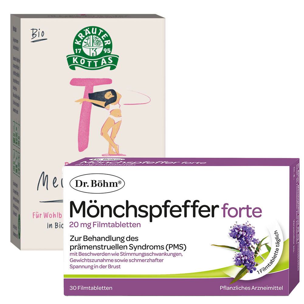 Zwei Packungen: Dr. Böhm Mönchspfeffer forte und Kräutertee von Kottas. Beide Produkte sind für Frauen bestimmt.