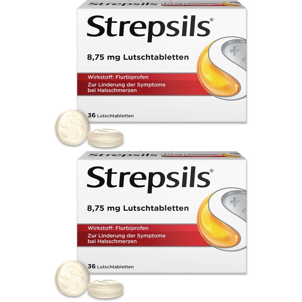 Zwei Packungen Strepsils Lutschtabletten. Aufdruck: 8,75 mg, Flurbiprofen, 36 Lutschtabletten. Daneben je zwei Tabletten.