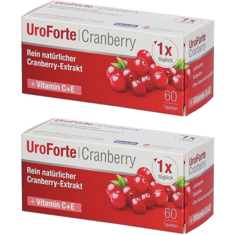 Zwei Schachteln UroForte Cranberry. Aufdruck: Cranberry-Extrakt, Vitamin C+E, 60 Tabletten. Abbildung von Cranberrys.