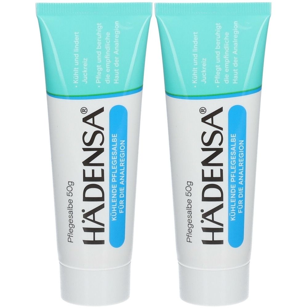 Zwei Tuben Hädensa® Pflegesalbe. Weiß, mit blauem und türkisfarbenem Design. Text: Kühle, Pflege für die Analregion.