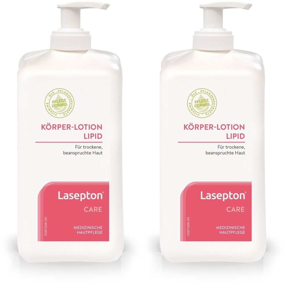 Zwei weiße Flaschen mit Pumpaufsatz. Auf jeder Flasche steht "Körper-Lotion Lipid" und "Lasepton CARE".