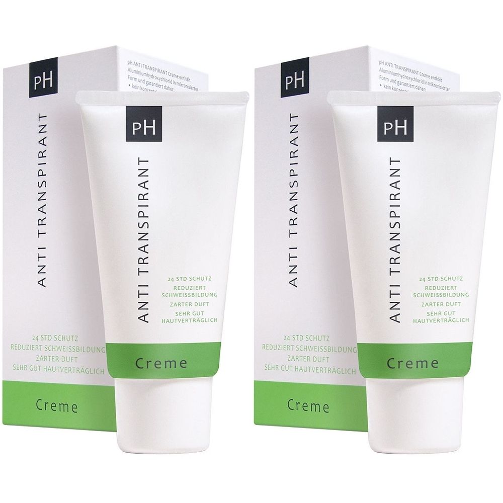 Zwei Tuben und Schachteln. Auf den Tuben steht "ANTI TRANSPIRANT Creme". Die Schachteln tragen die Aufschrift "PH".