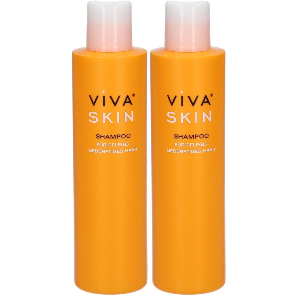 Zwei Flaschen ViVA SKIN Shampoo. Orangefarbene Flaschen mit weißem Deckel. Aufschrift: ViVA SKIN, Shampoo für pflegebedürftiges Haar.