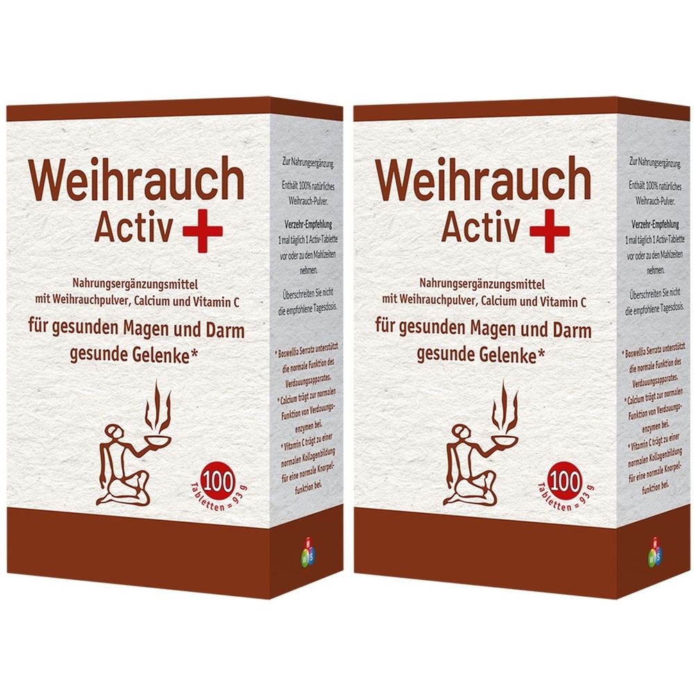 Zwei Packungen Weihrauch Activ+ Tabletten. Aufschrift: Nahrungsergänzungsmittel für gesunden Magen und Darm, gesunde Gelenke.