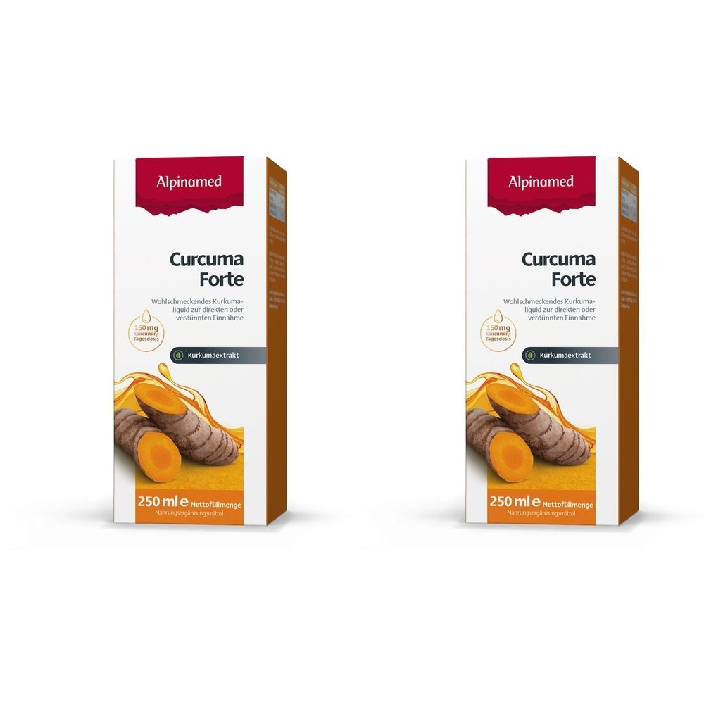 Zwei rechteckige Verpackungen mit dem Produktnamen Curcuma Forte. Aufdrucke: Alpinamed, 250 ml, und Abbildung von Kurkuma.