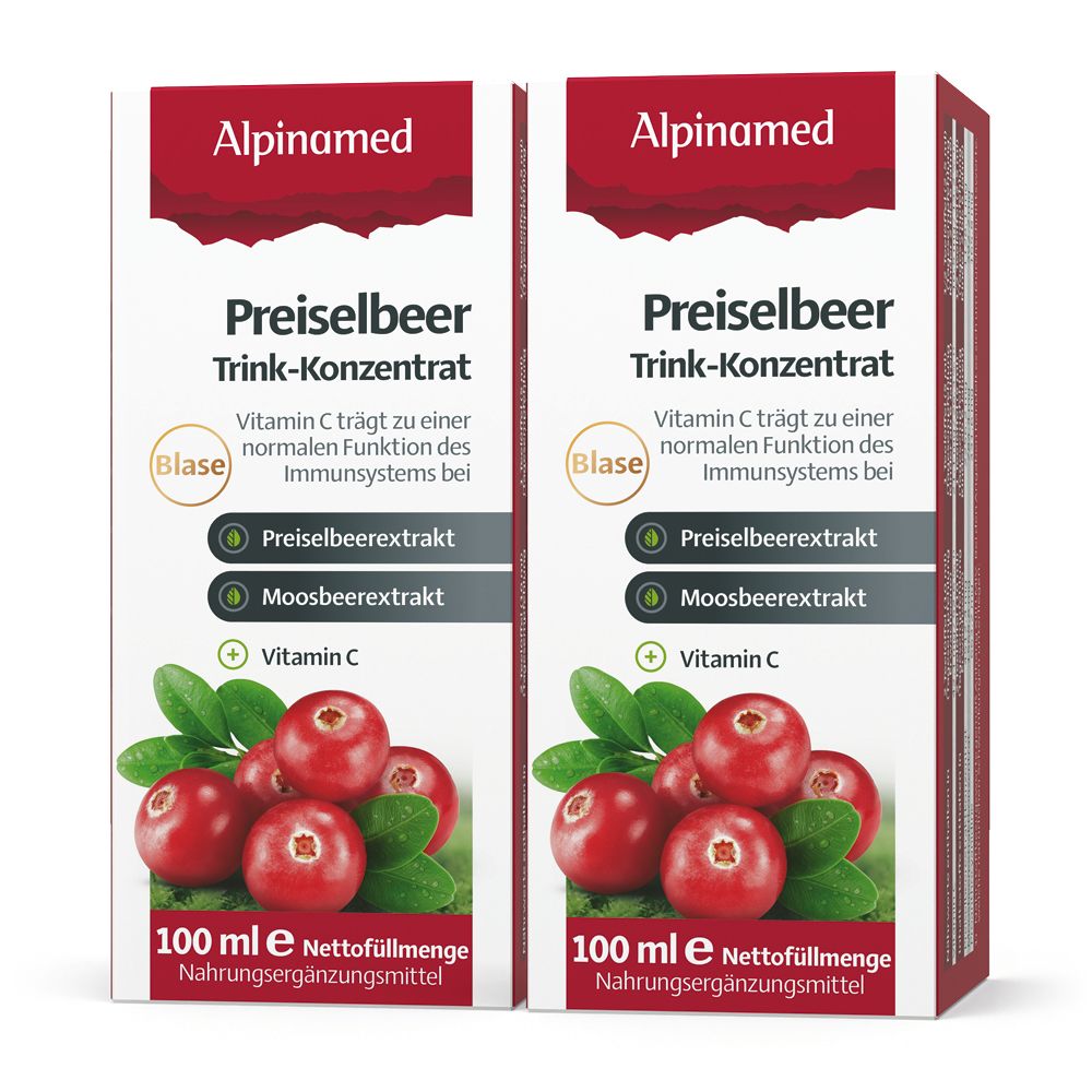 Zwei Packungen Alpinamed Preiselbeer Trink-Konzentrat. Rote Verpackung mit Produktnamen und Cranberry-Abbildung. Enthält Vitamin C.
