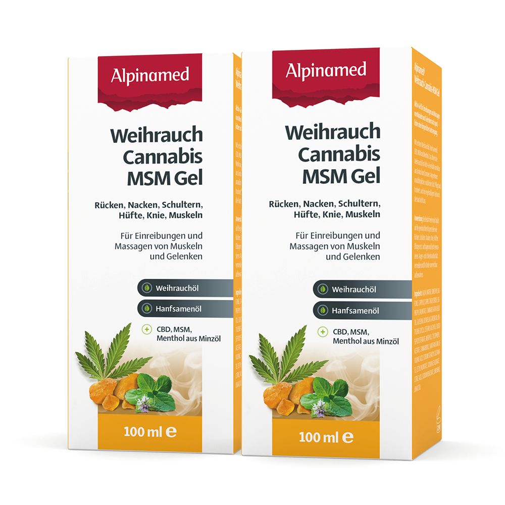 Zwei Kartons Alpinamed® Weihrauch Cannabis MSM Gel. Aufdruck: Weihrauch, Cannabis, MSM Gel, 100 ml. Grün-gelbe Illustrationen.