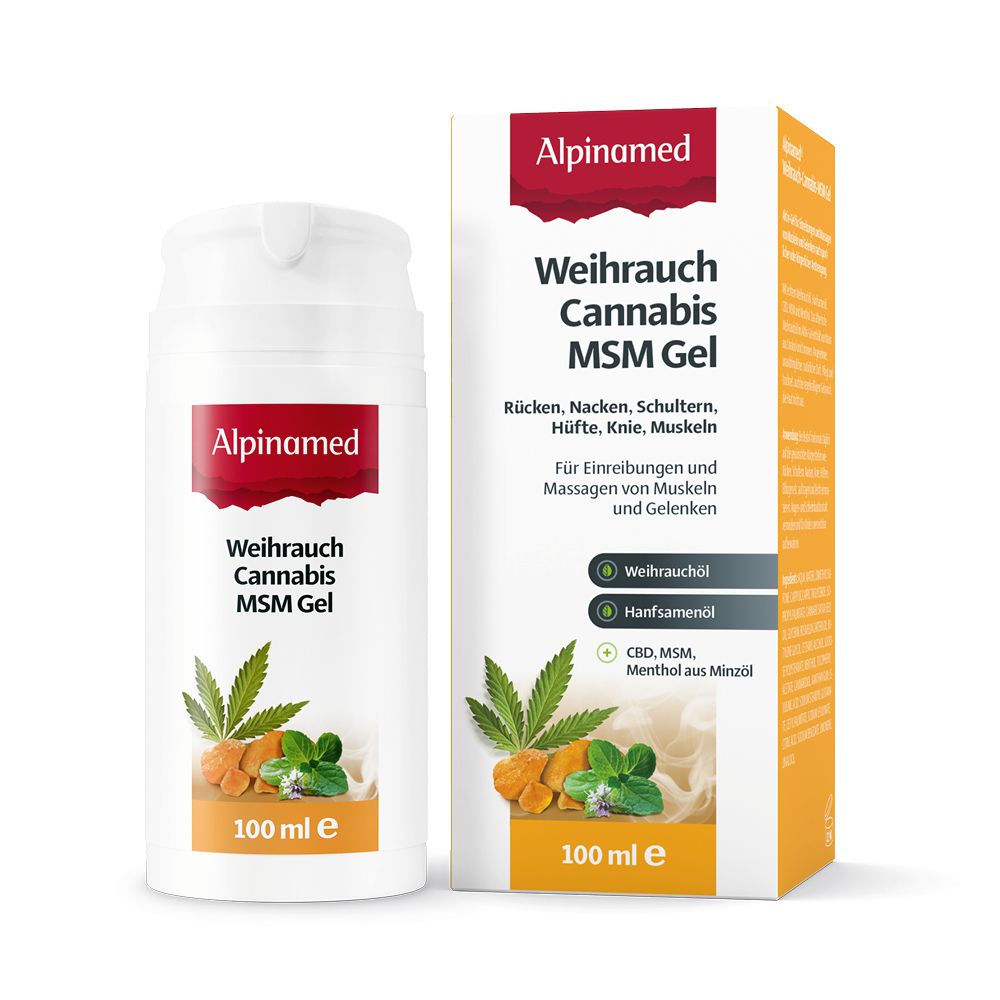 Alpinamed® Weihrauch Cannabis MSM Gel und Verpackung. Aufdruck: Weihrauch, Cannabis, MSM Gel, 100 ml. Grün-gelbe Illustrationen.