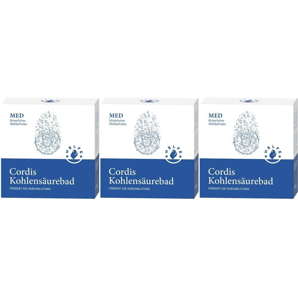 Drei weiße Kartons mit blauer Schrift. Aufschrift: Cordis Kohlensäurebad. MED-Logo. Fördert die Durchblutung.
