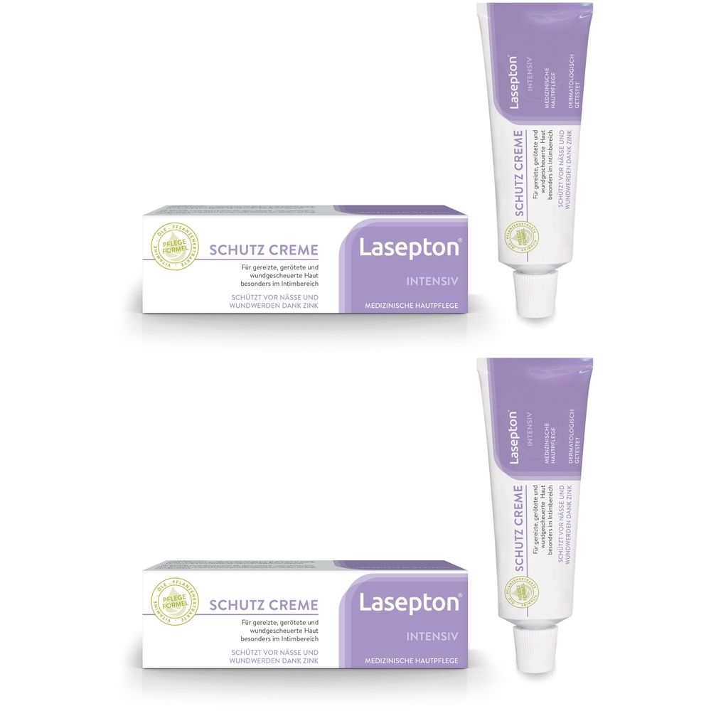 Zwei Tuben und zwei Schachteln. Aufschrift: Lasepton INTENSIV SCHUTZ-CREME. Verpackung in Weiß, Lila und Grün.