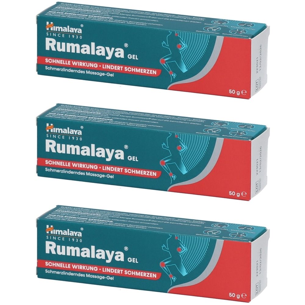 Drei Schachteln Himalaya Rumalaya Gel. Türkis-rot-weißes Design. Aufschrift: Rumalaya Gel, schnelle Wirkung, lindert Schmerzen. 50g.