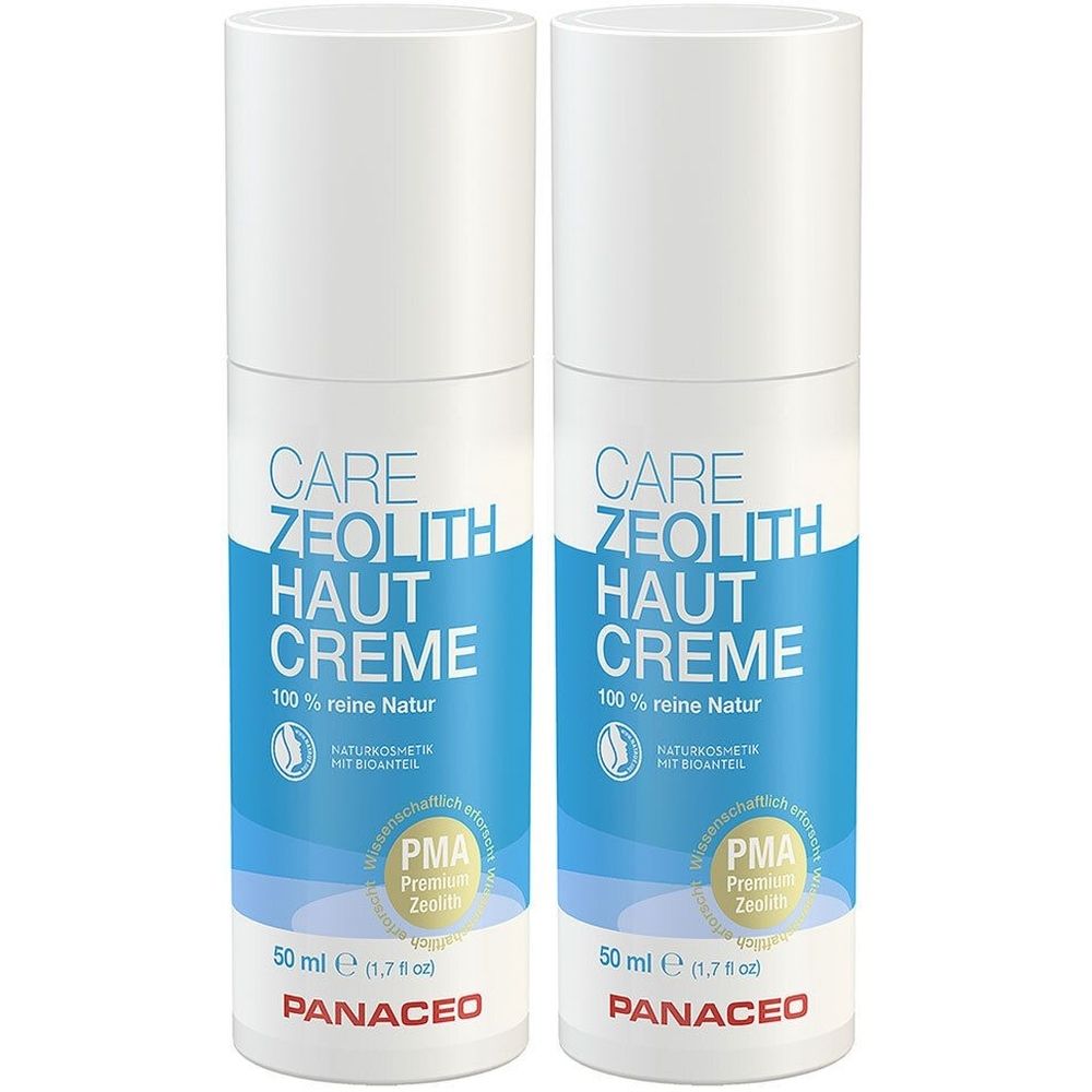 Zwei weiße Flaschen mit blauer Beschriftung. Aufschrift: CARE ZEOLITH HAUT CREME, 100% reine Natur. Mit PMA-Siegel und PANACEO-Logo.