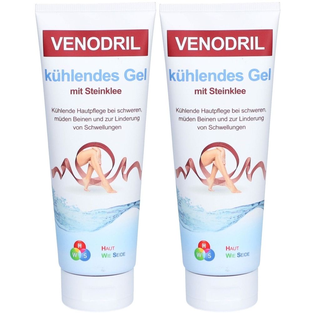 Zwei Tuben VENODRIL Kühlendes Gel. Weiße Tuben mit rotem und blauem Schriftzug. Abbildung von Beinen und Wasser.