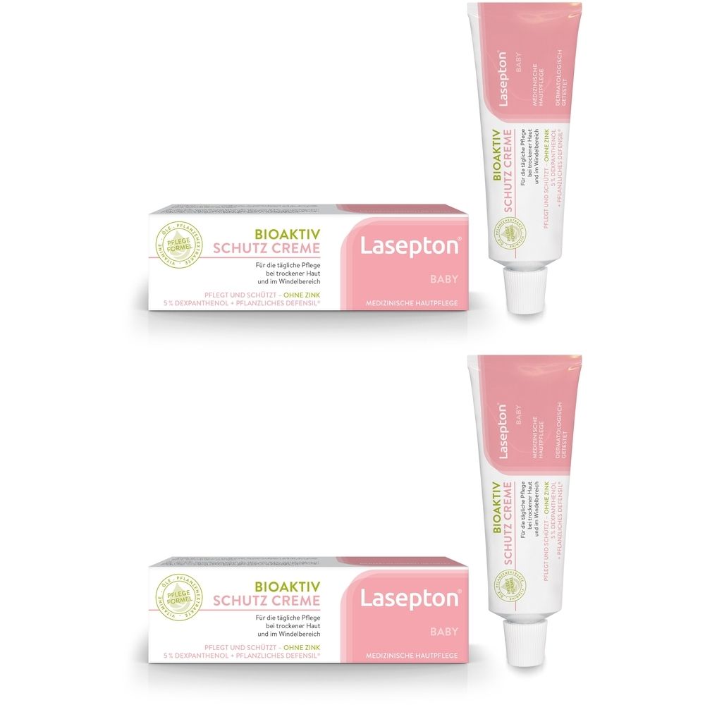 Zwei Tuben und zwei Schachteln Lasepton Baby Bioaktiv Schutz-Creme. Rosa Tuben und Schachteln mit grüner Schrift.