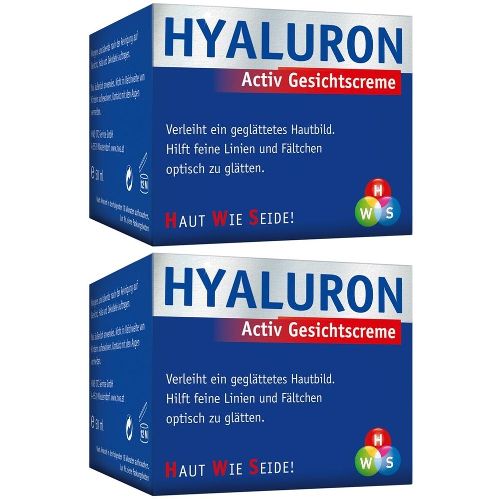 Zwei blaue Faltschachteln mit der Aufschrift HYALURON Activ Gesichtscreme. Text: Verleiht ein geglättetes Hautbild.