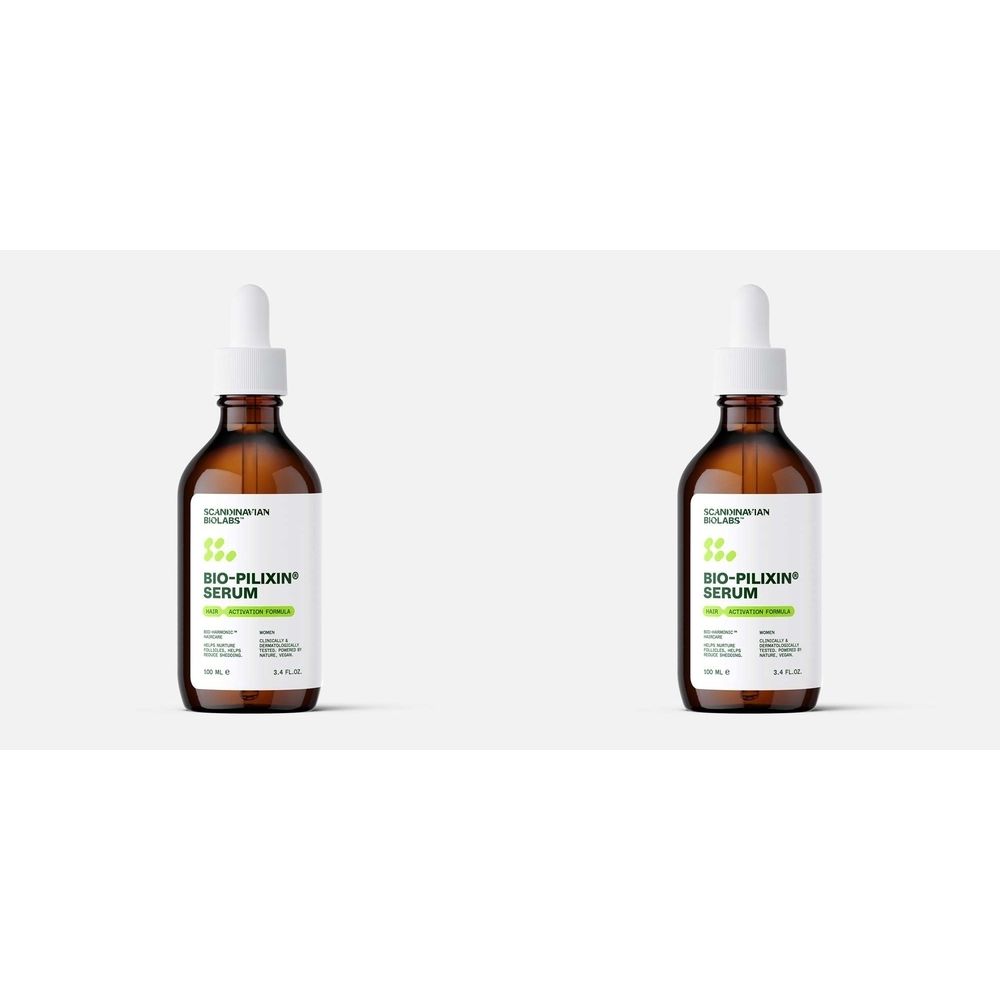 Zwei braune Glasflaschen mit weißem Etikett und Pipette. Auf dem Etikett steht "BIO-PILIXIN® SERUM".