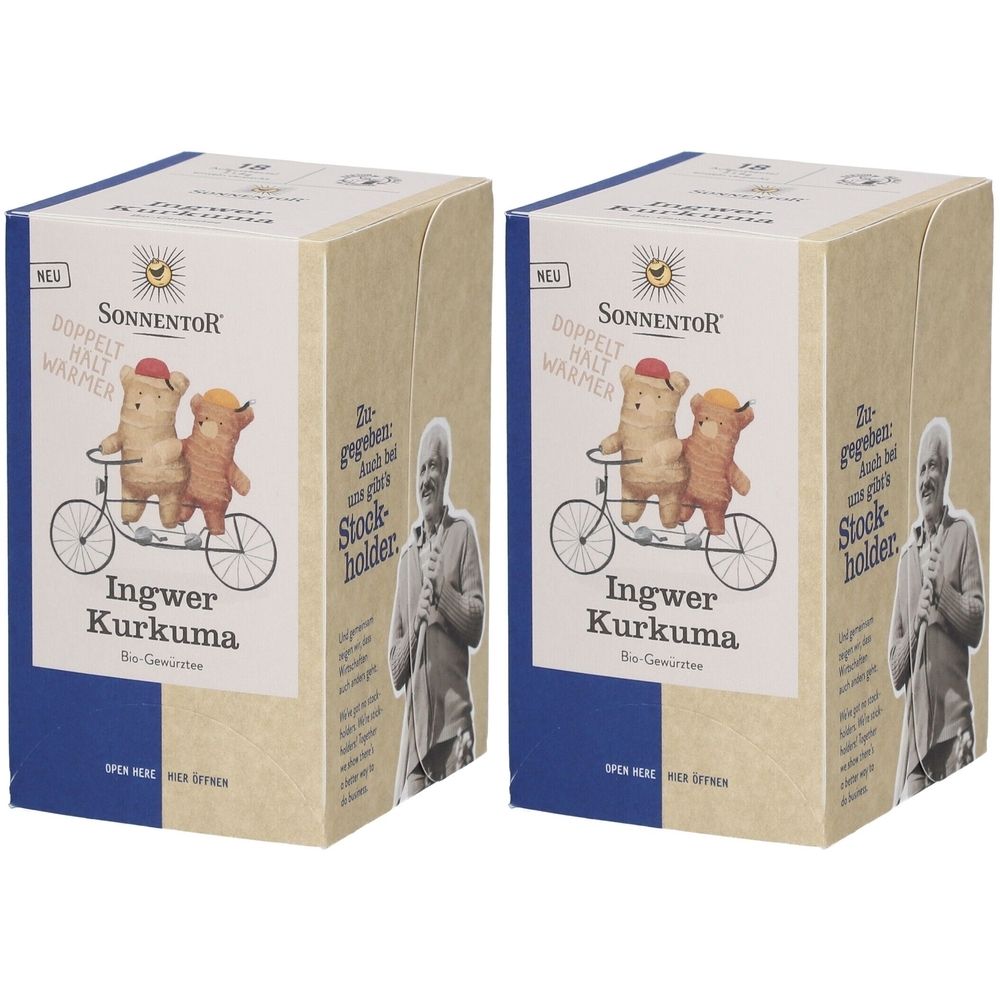 Zwei rechteckige Kartonverpackungen. Aufdruck: Ingwer Kurkuma, SonnentoR Logo, Illustration von Bären auf Fahrrad. Blaue und beige Farben.