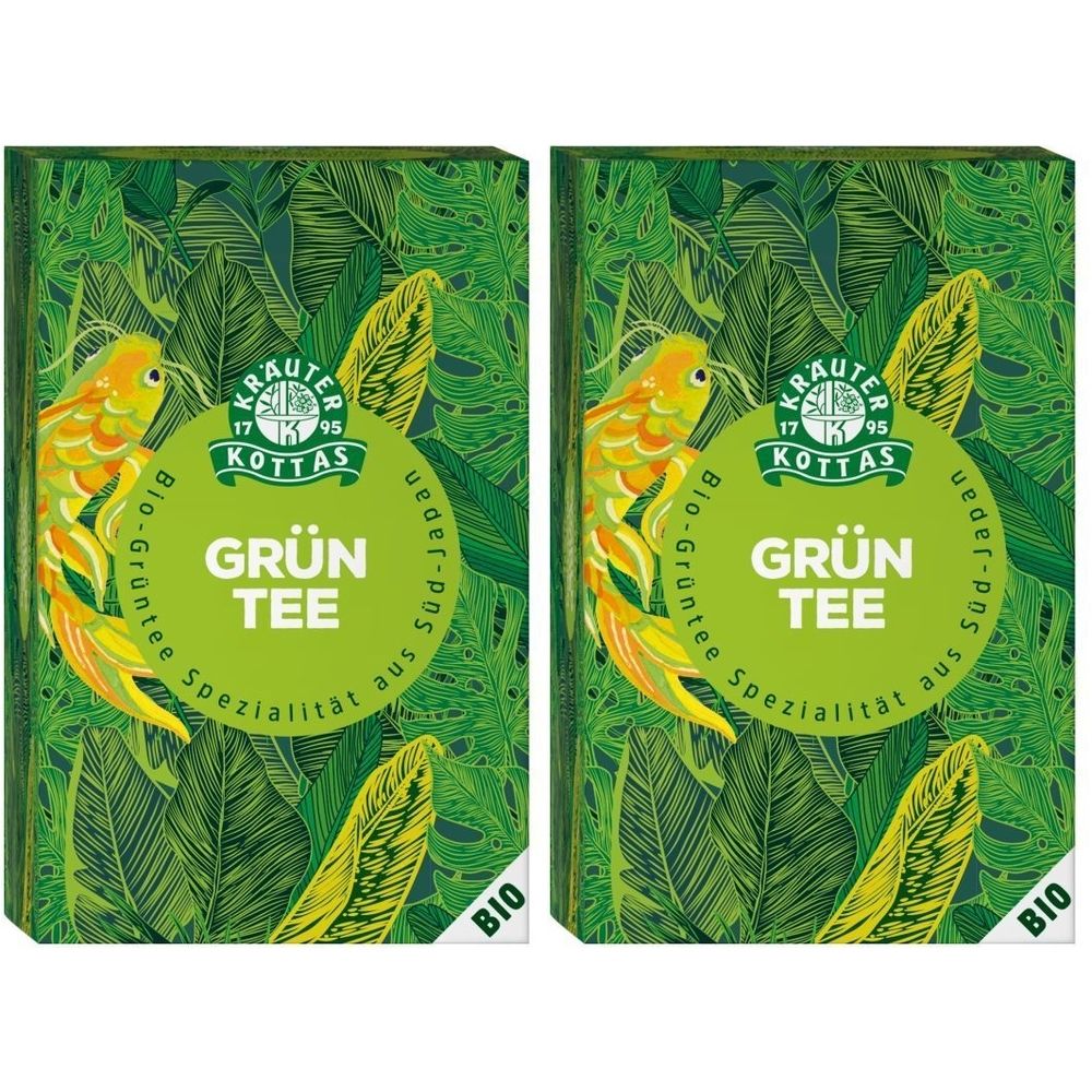 Zwei grüne Tee-Verpackungen. Aufschrift: GRÜN TEE, BIO. Logo: Kräuter Kottas. Hintergrund: grüne Blätter und gelbe Fische.