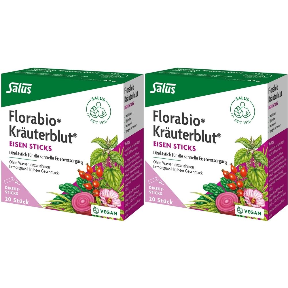 Zwei Packungen Florabio Kräuterblut Eisen Sticks. Grüne und pinke Verpackung mit Produktnamen, Logo und Illustrationen von Pflanzen und Früchten.