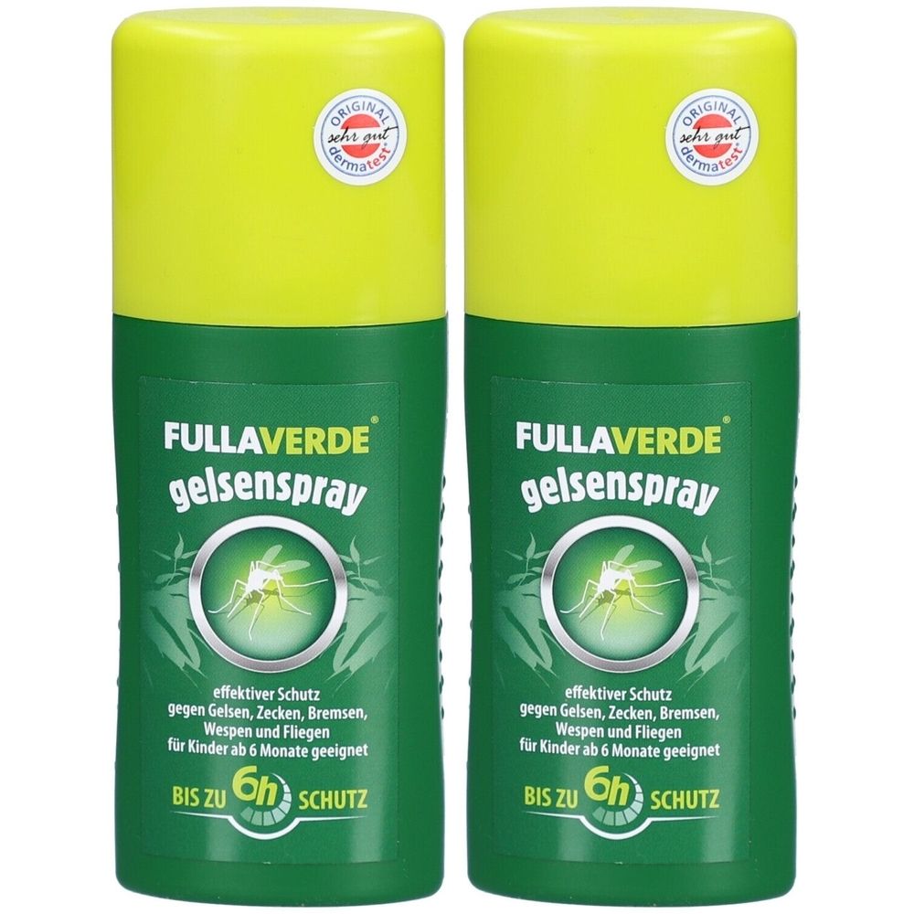 Zwei grüne Sprühflaschen mit gelbem Deckel. Aufschrift: Fullaverde gelsenspray. Logo: Insekt. Zertifizierungslogo.