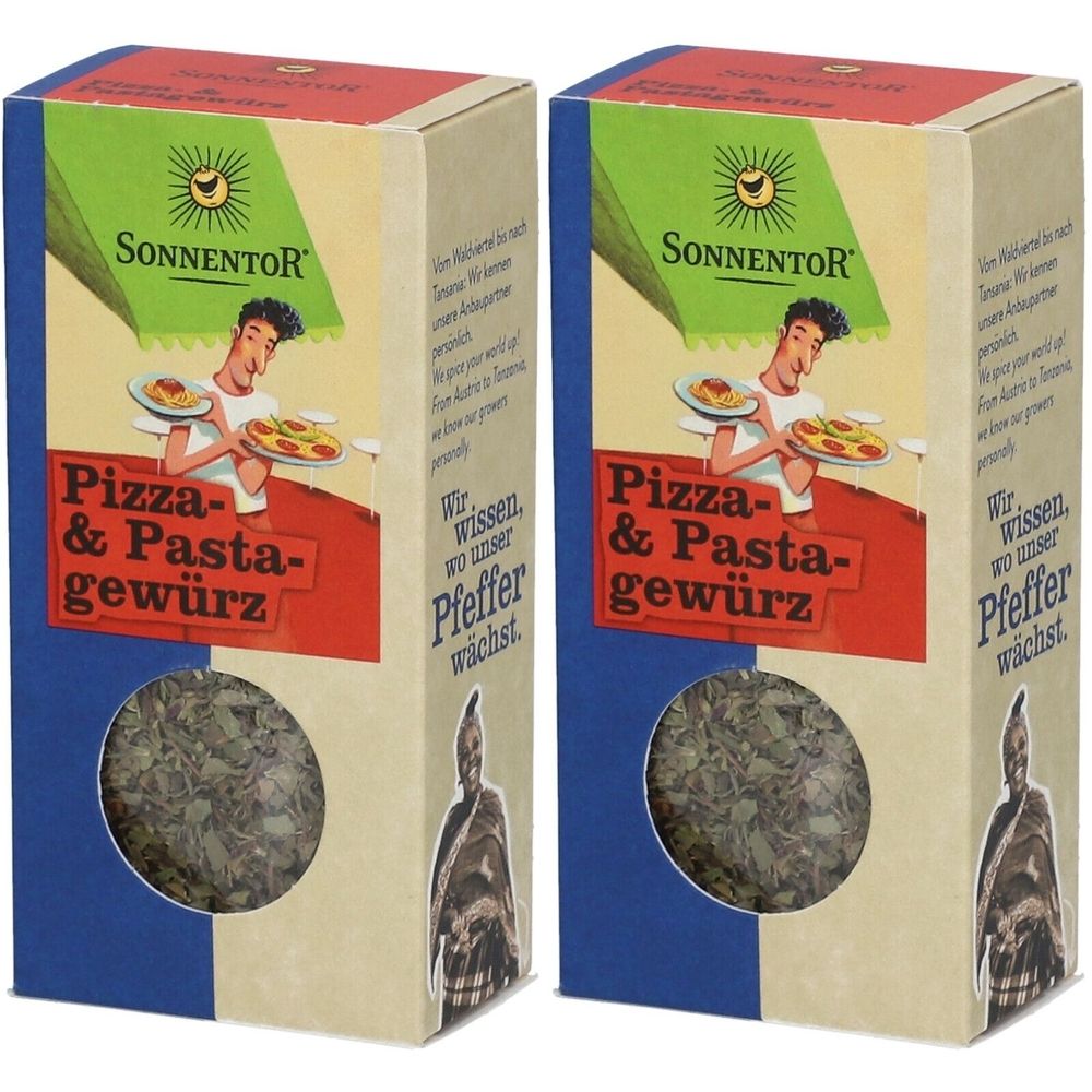 Zwei rechteckige Kartons mit SonnentoR Pizza- & Pastagewürz. Sichtfenster mit Kräutern. Logo und Schriftzug auf der Vorderseite.