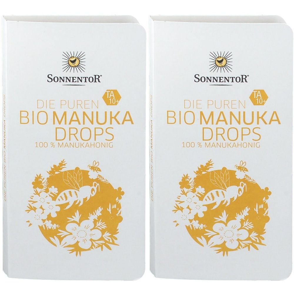 Zwei weiße Kartons mit gelbem Logo und Schriftzug. Aufschrift: BIO MANUKA DROPS, 100% Manukahonig. Marke: SonnentoR.