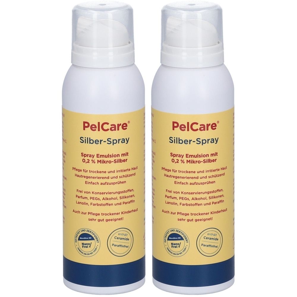 Zwei Sprühflaschen mit weißem Kopf und gelbem Etikett. Aufschrift: PelCare Silber-Spray. Enthält 0,2% Mikro-Silber. Für trockene Haut.