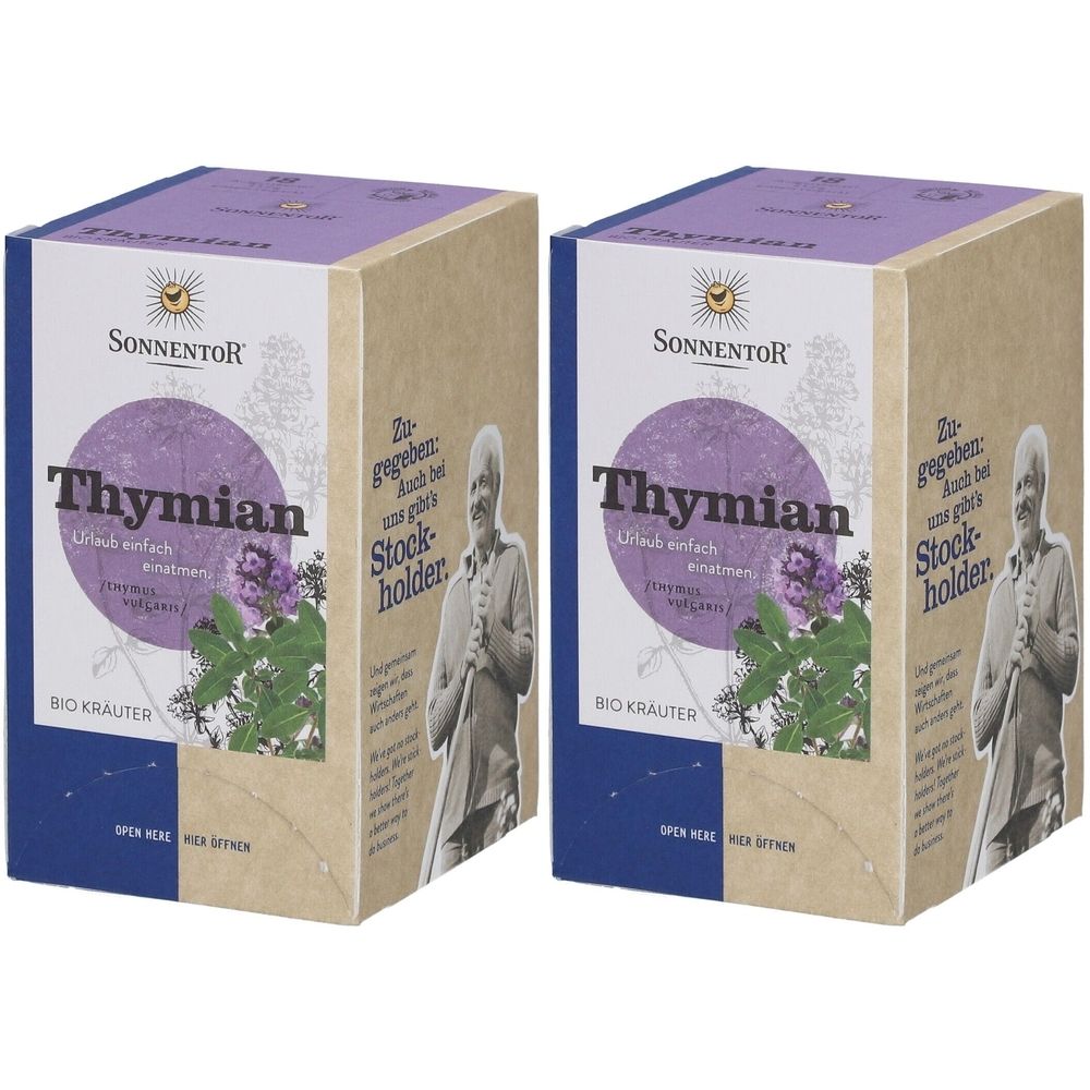 Zwei Kartons mit SonnentoR Thymian. Lila Kreis mit Schriftzug. Bio Kräuter. Abbildung einer Person.
