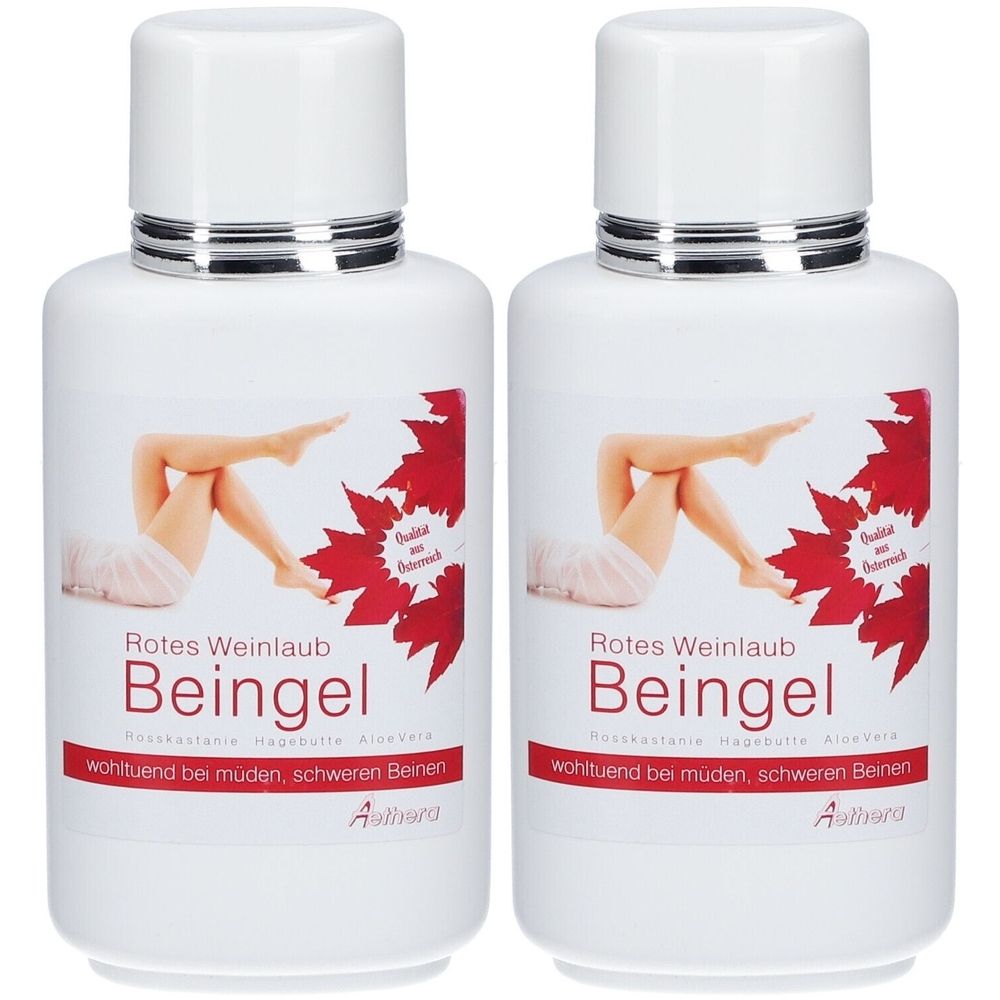 Zwei weiße Flaschen mit rotem Etikett. Aufschrift: Rotes Weinlaub Beingel. Abbildung von Beinen. Silberner Verschluss.