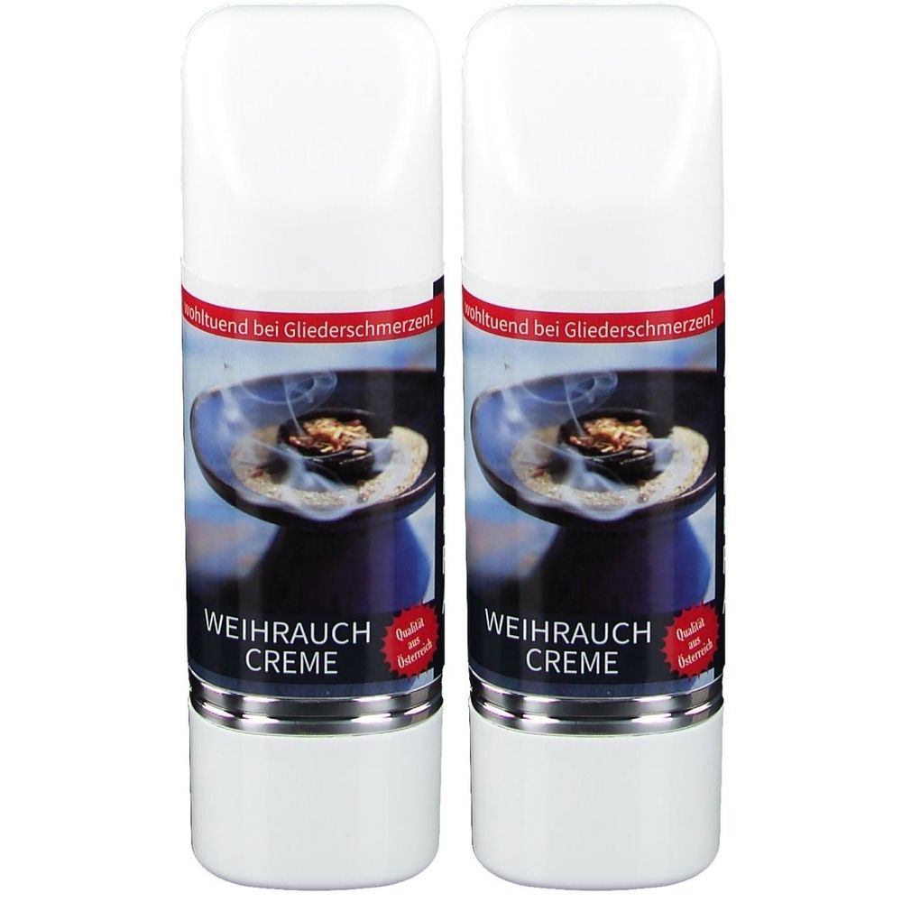 Zwei weiße Cremetuben mit silbernen Rändern. Aufdruck: WEIHRAUCH CREME, Abbildung eines Räuchergefäßes. Qualität aus Österreich.