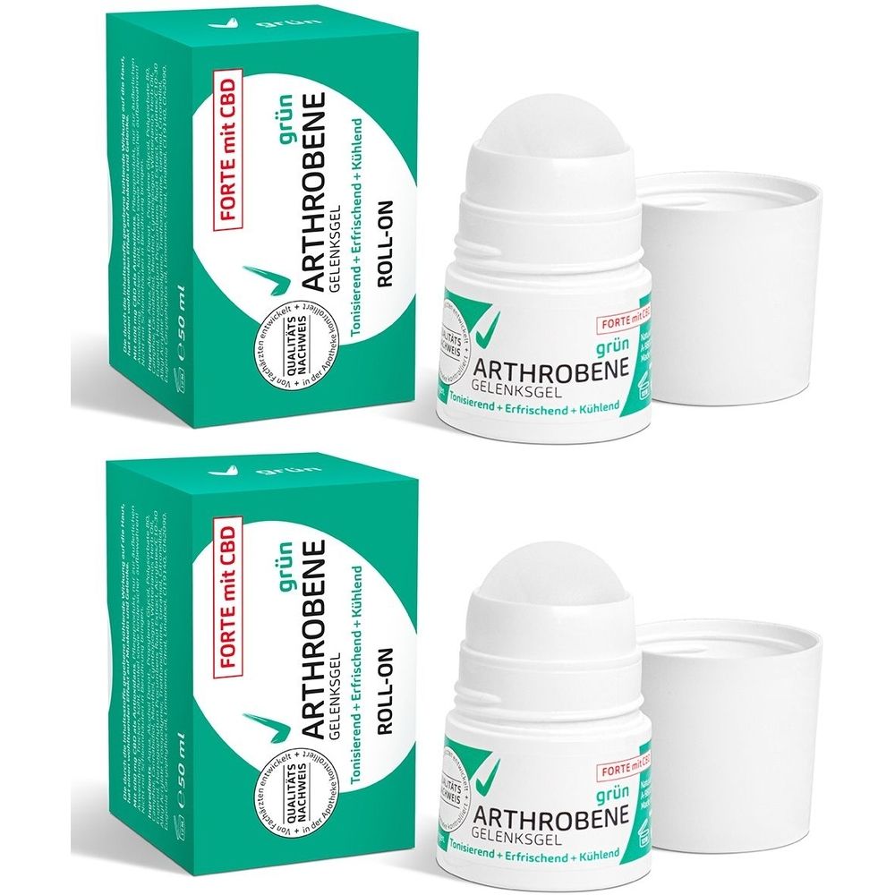 Zwei Roll-on-Flaschen und zwei grüne Schachteln. Auf den Flaschen steht "ARTHROBENE Gelenksgel grün". Auf den Schachteln steht "FORTE mit CBD".