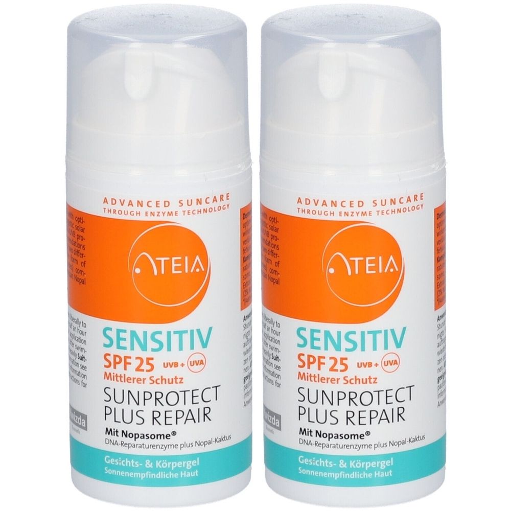 Zwei weiße Flaschen ATEIA® LSF 25 Sunprotect Plus Repair. Aufschrift: Sensitiv SPF 25, Sunprotect Plus Repair. Mit Nopasome. Für Gesicht & Körper.