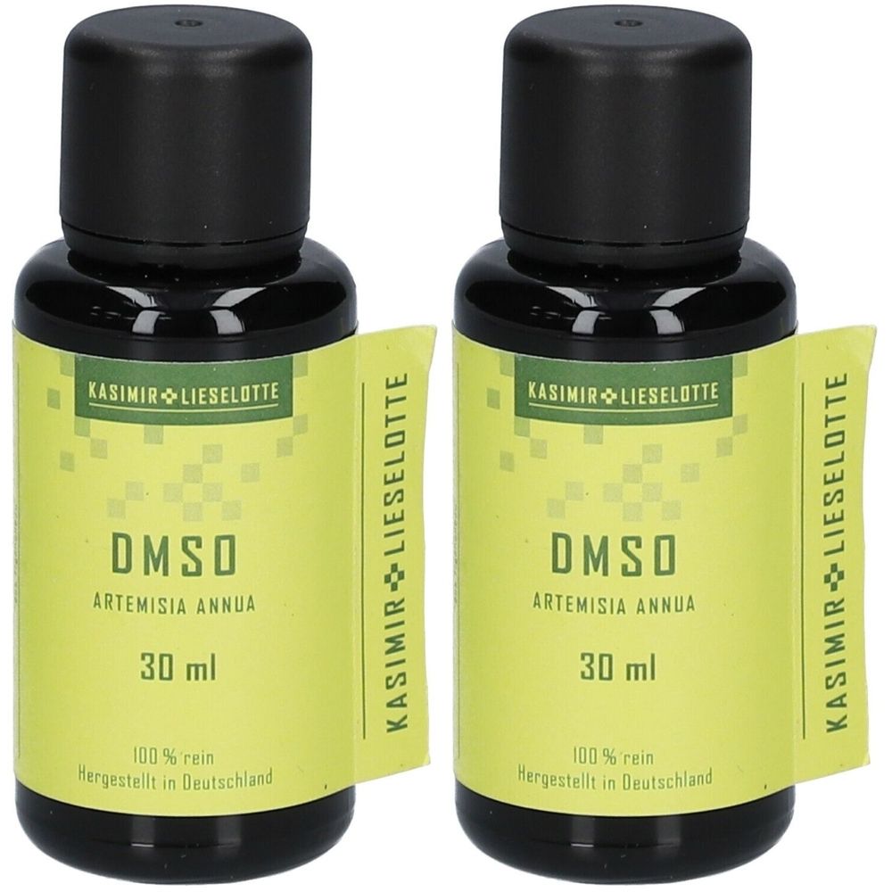 Zwei Flaschen mit schwarzem Deckel und gelbem Etikett. Aufschrift: DMSO Artemisia Annua, 30 ml. Marke: Kasimir Lieselotte.