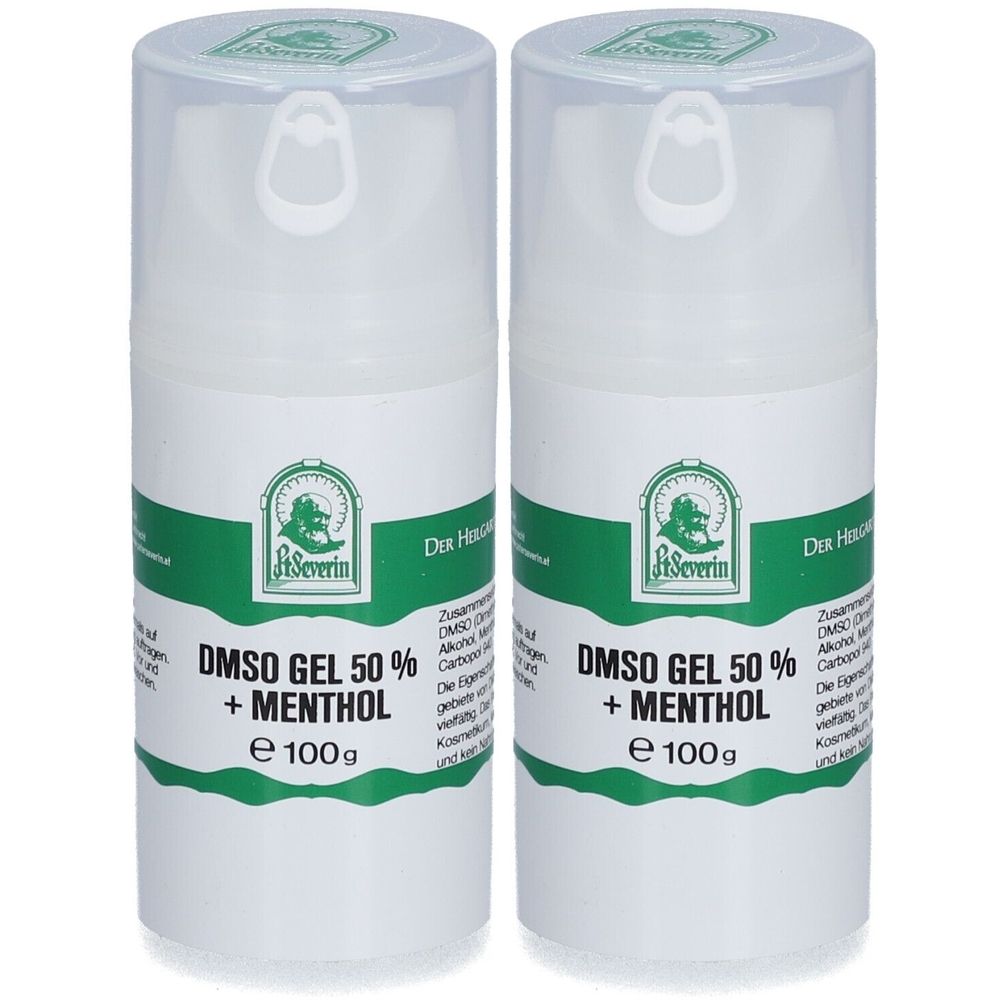 Zwei weiße Flaschen mit grünem Etikett. Aufschrift: DMSO GEL 50% + MENTHOL, e 100g. Marke: St. Severin. Transparenter Deckel.