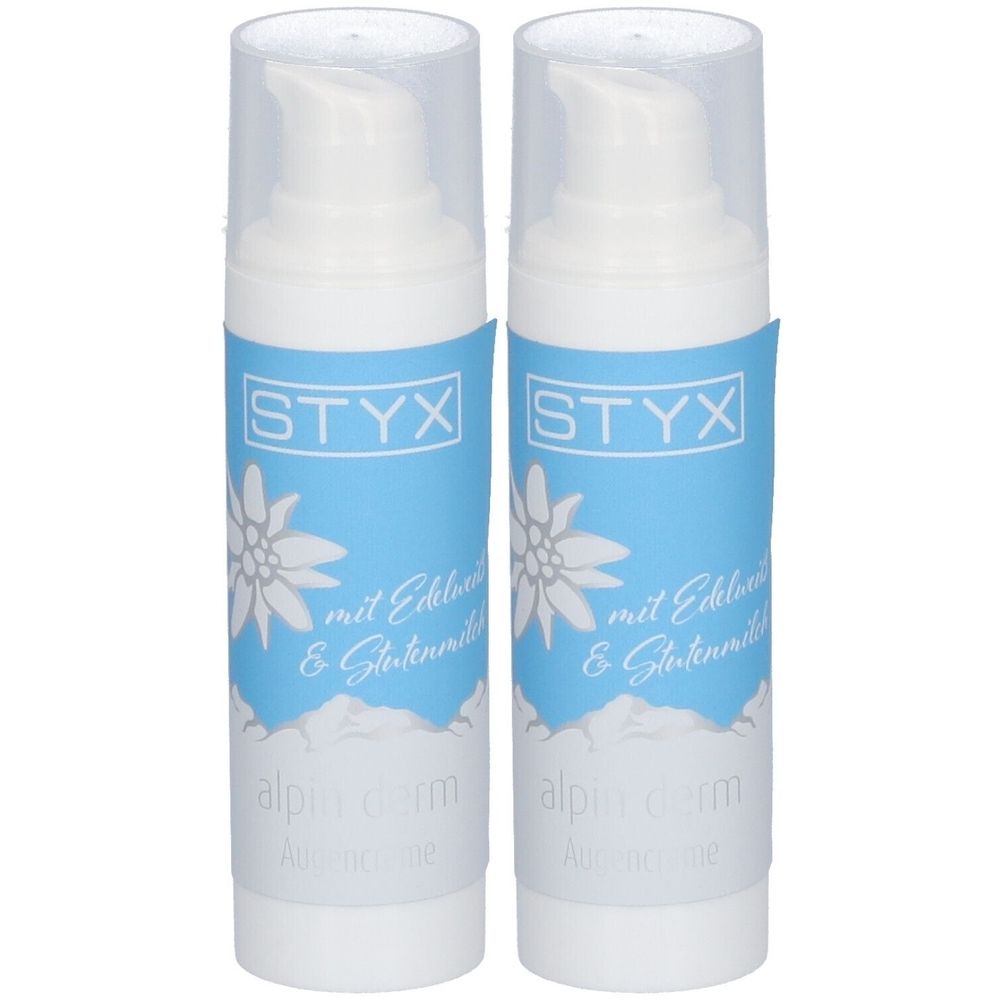 Zwei weiße Flaschen mit blauen Etiketten. Auf den Etiketten steht "STYX" und "alpin derm Augencreme mit Edelweiss & Stutenmilch".