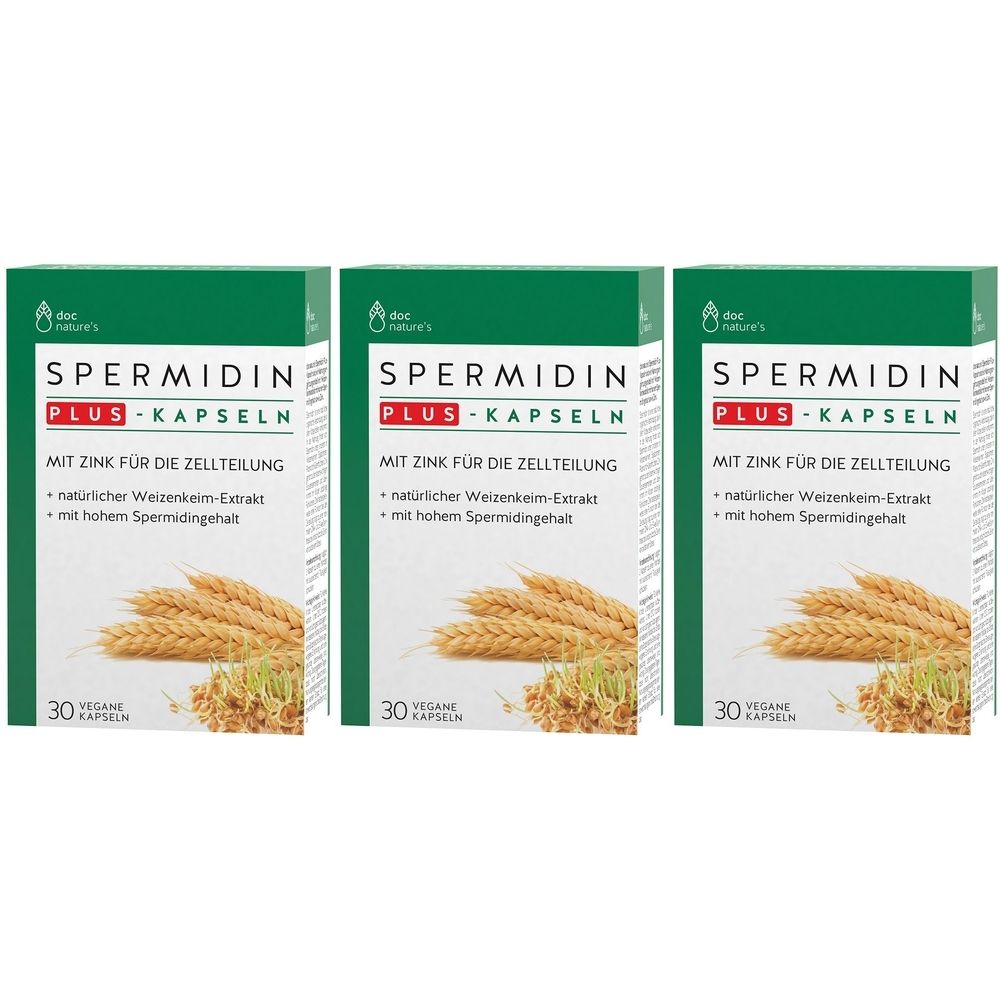 Drei Schachteln mit "SPERMIDIN PLUS - KAPSELN". Text: "MIT ZINK FÜR DIE ZELLTEILUNG". Abbildung von Weizenähren. 30 Kapseln, vegan.