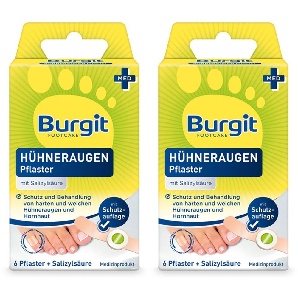 Zwei Packungen Burgit Hühneraugen Pflaster. Gelb-grüne Verpackung mit Produktnamen und Fußabbildung. Enthält 6 Pflaster.