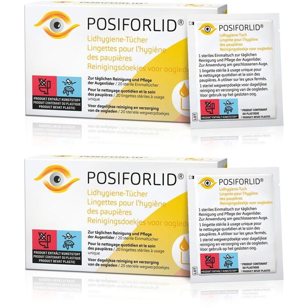 Zwei Packungen POSIFORLID Lidhygiene-Tücher. Weiße Schachteln mit gelben Akzenten und Produktinformationen. Einzelne Tücher daneben.