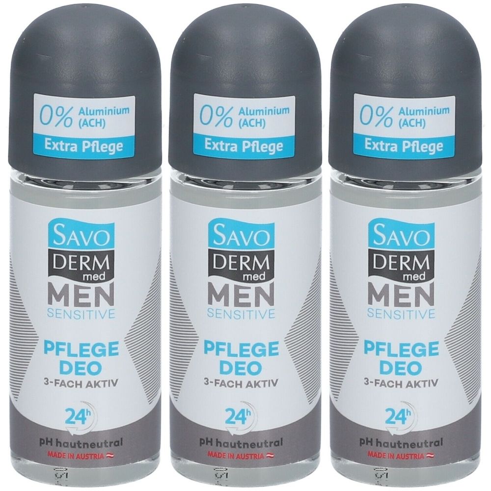 Drei Roll-on-Deodorants für Männer. Graue Kappe, weißer Behälter mit blauer und schwarzer Schrift. Enthält 0% Aluminium und Extra Pflege.